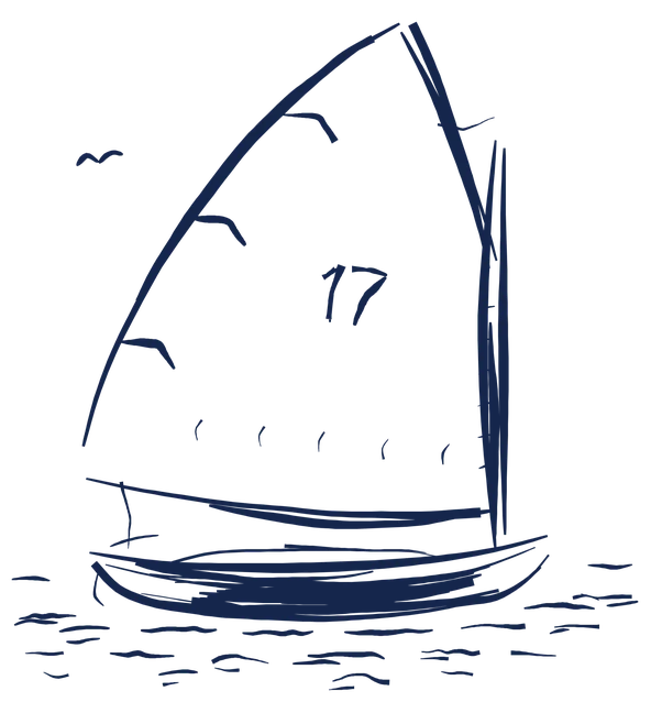 Pen sketch of a small sailing boat with the sail number 17, a gull in the distance